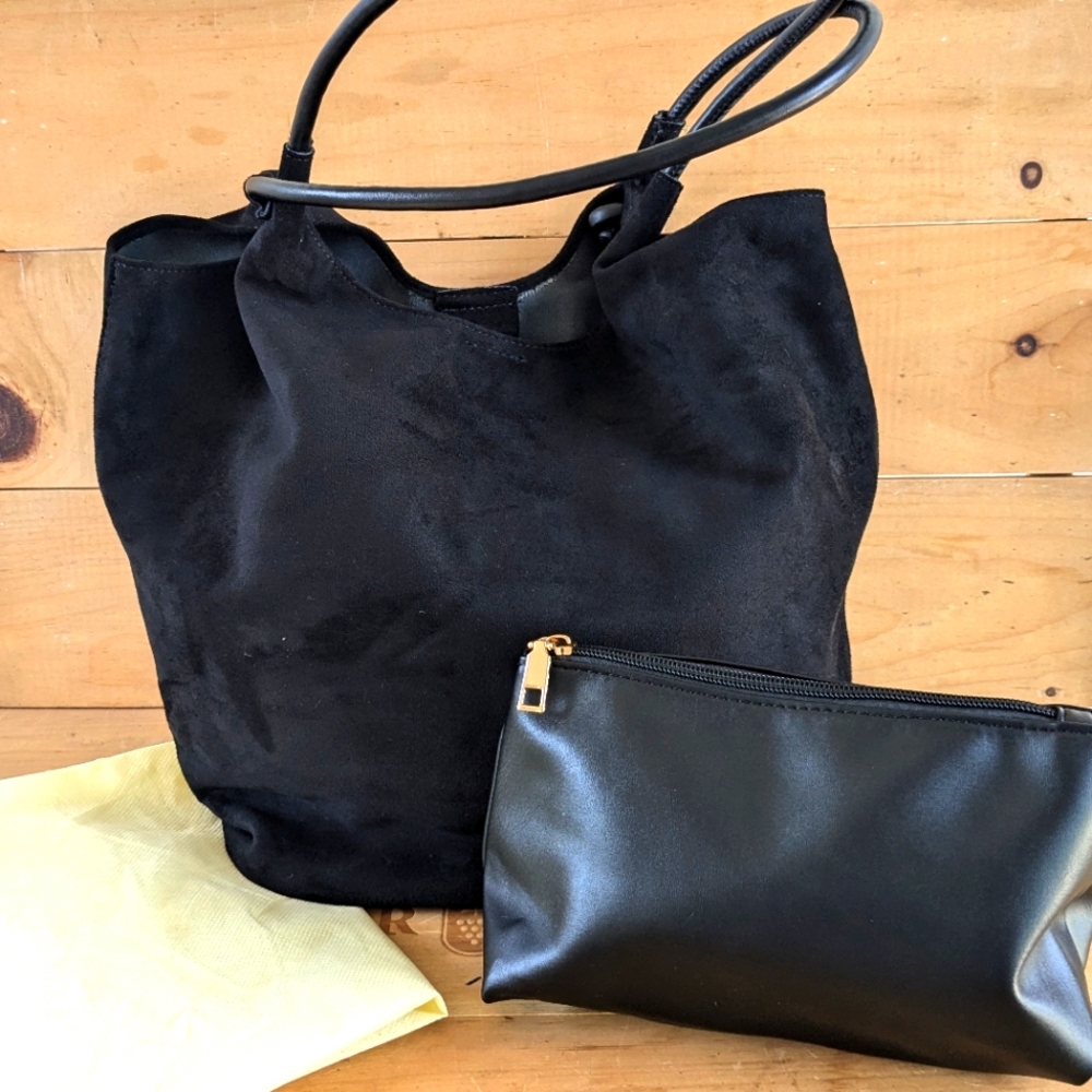 Vegan Suede Tote with Interior Vegan Leather Case + Dust bag NWOT